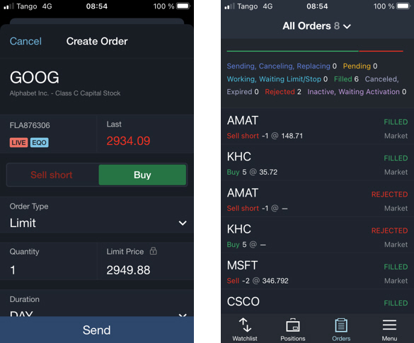 Free trading app with many order types.